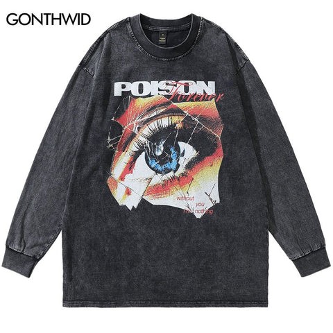 Hip Hop T-Shirt Y2K Streetwear Vintage Anime Eye Print Washed Long Sleeve Tshirt Harajuku Casual Loose Cotton Punk Gothic Shirts