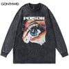 Hip Hop T-Shirt Y2K Streetwear Vintage Anime Eye Print Washed Long Sleeve Tshirt Harajuku Casual Loose Cotton Punk Gothic Shirts
