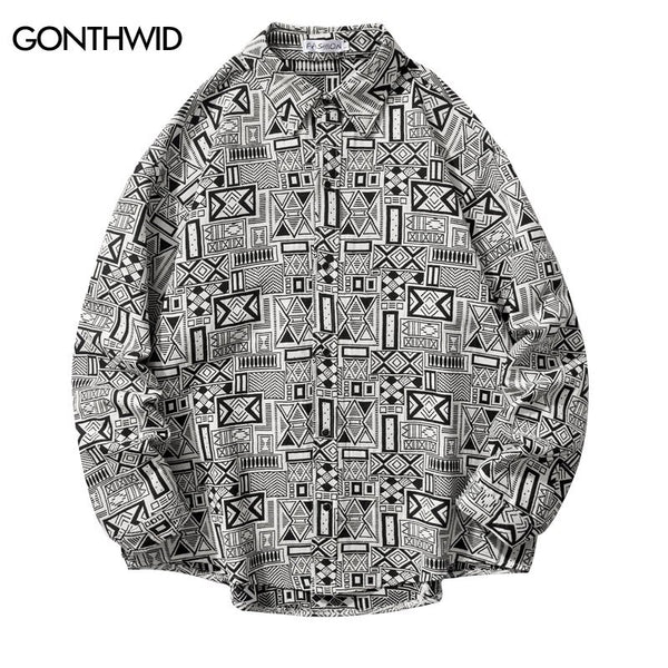 Hip Hop Thick Shirt Shirts Streetwear Mens Geometric Pattern Long Sleeve Button Up Shirt 2023 Harajuku Casual Loose Shirts Male