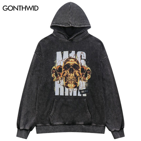 Hip Hop Vintage Hoodie Streetwear Y2K Skull Skeleton Print Punk Gothic Pullover Sweatshirt Harajuku Loose Washed Hooded