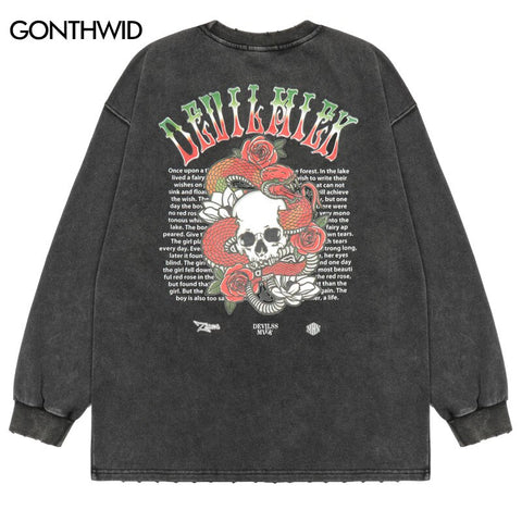 Hip Hop Vintage Hoodie Sweatshirt Mens Ripped Skull Skeleton Floral Snake Letter Print Punk Gothic Pullover Harajuku Streetwear