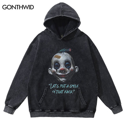 Hip Hop Vintage Hoodie Sweatshirt Streetwear Retro Joker Print Punk Gothic Hooded 2023 Harajuku Wash Oversized Pullover