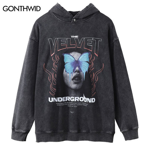 Hip Hop Vintage Hoodie Sweatshirt Y2K Grunge Butterfly Print Heavy Hooded Harajuku Punk Gothic Washed Pullover Washed Streetwear