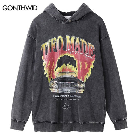 Hip Hop Vintage Hoodie Sweatshirt Y2K Grunge Streetwear Harajuku Flame Car Print Punk Washed Pullover Hooded High Street Heavy