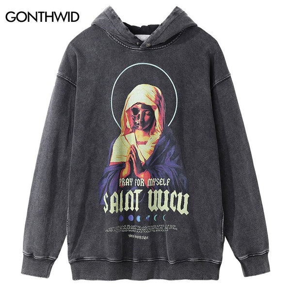 Hip Hop Vintage Hoodie Sweatshirt Y2K Grunge Streetwear Virgin Mary Skull Skeleton Print Punk Goth Hooded Harajuku High Street
