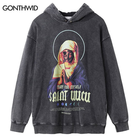 Hip Hop Vintage Hoodie Sweatshirt Y2K Grunge Streetwear Virgin Mary Skull Skeleton Print Punk Goth Hooded Harajuku High Street