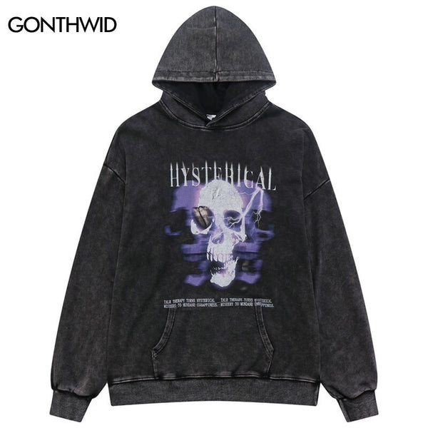 Hip Hop Vintage Hoodie Y2K Skull Skeleton Print Punk Gothic Sweatshirt Streetwear Harajuku Loose Washed Pullover Hooded
