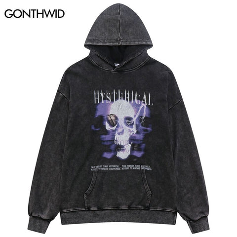 Hip Hop Vintage Hoodie Y2K Skull Skeleton Print Punk Gothic Sweatshirt Streetwear Harajuku Loose Washed Pullover Hooded