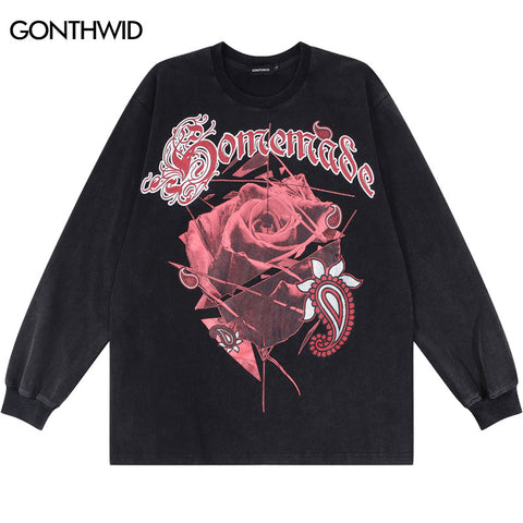 Hip Hop Vintage Shirt Streetwear Hip Hop Rose Floral Graphic Print Long Sleeve T-Shirt Harajuku Casual Distressed Wash Shirts
