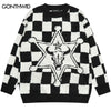 Hip Hop Vintage Sweater Y2K Mens Knitted Star Gun Plaid Jumpers Sweaters 2023 Autumn Harajuku Casual Streetwear Pullover Couple