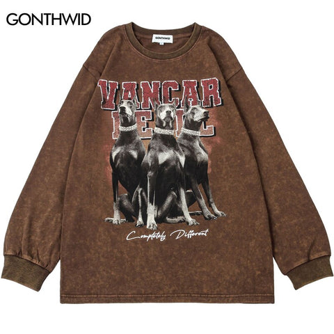 Hip Hop Vintage T-Shirt Men Doberman Dog Print Oversized Distressed Washed Long Sleeve Tshirt Harajuku Casual Punk Gothic Shirts