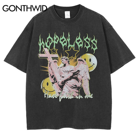 Hip Hop Vintage T-Shirt Streetwear Harajuku Angel Statue Print Retro Cotton Tshirts 2023 Mens Summer Short Sleeve Tee Tops Black