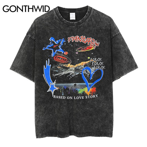 Hip Hop Vintage T Shirt Streetwear Harajuku Retro Graffiti Planet Graphic Print Gothic Tees 2023 Men Short Sleeve Cotton Tshirts