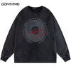 Hip Hop Vintage T Shirts Graffiti Letter Print Distressed Wash Tshirt Streetwear Harajuku Cotton Long Sleeve Punk Gothic Tee Top