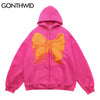 Hip Hop Zip Up Hoodie Coat Streetwear Hooded Sweatshirt Bowknot Print Zipper Fleece Jacket Men Harajuku Winter Cotton Pink Black