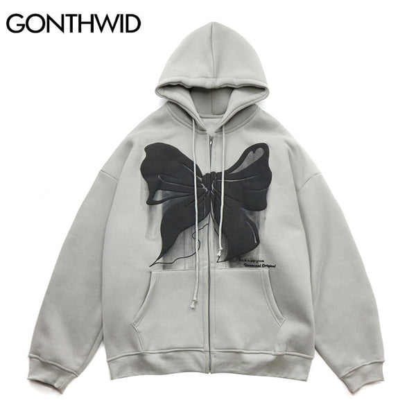 Hip Hop Zip Up Hoodie Coat Streetwear Hooded Sweatshirt Bowknot Print Zipper Fleece Jacket Men Harajuku Winter Cotton Pink Black