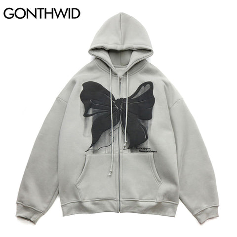 Hip Hop Zip Up Hoodie Coat Streetwear Hooded Sweatshirt Bowknot Print Zipper Fleece Jacket Men Harajuku Winter Cotton Pink Black
