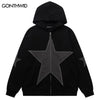 Hip Hop Zip Up Hoodie Jacket Y2K Grunge Vintage Star Patch Punk Gothic Loose Hooded Sweatshirt Coat Harajuku Cotton Streetwear