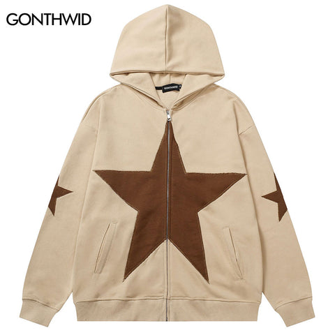 Hip Hop Zip Up Hoodie Jacket Y2K Grunge Vintage Star Patch Punk Gothic Loose Hooded Sweatshirt Coat Harajuku Cotton Streetwear