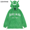 Hip Hop Zip Up Hoodie Sweatshirt Jacket Y2K Embroidery Letter Devil Horns Fleece Coat Streetwear Harajuku Retro Loose Punk Goth