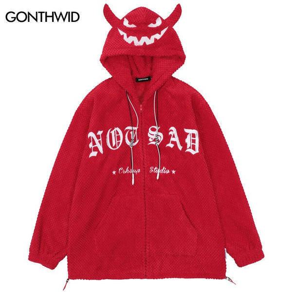 Hip Hop Zip Up Hoodie Sweatshirt Jacket Y2K Embroidery Letter Devil Horns Fleece Coat Streetwear Harajuku Retro Loose Punk Goth