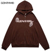 Hip Hop Zip Up Hoodie Sweatshirt Jacket Y2K Grunge Vintage Embroidery Skull Skeleton Hooded Coat Harajuku Cotton Punk Gothic Top