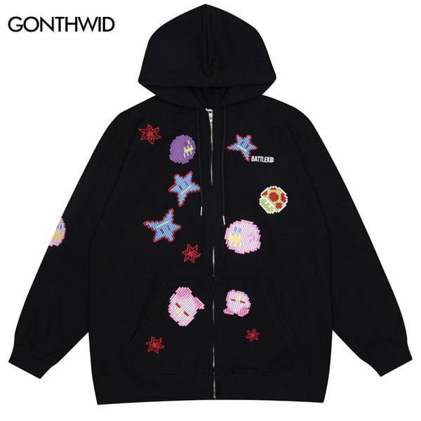 Hip Hop Zip Up Hoodie Sweatshirt Y2K Harajuku Embroidery Pixel Pattern Pullover Oversized Hooded Jacket Coat Loose Tops