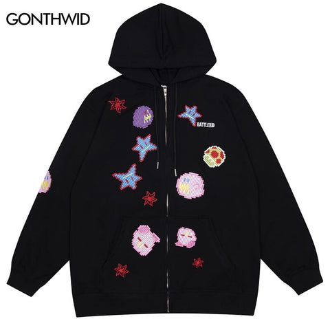 Hip Hop Zip Up Hoodie Sweatshirt Y2K Harajuku Embroidery Pixel Pattern Pullover Oversized Hooded Jacket Coat Loose Tops