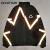 Hip Hop Zip Up Windbreaker Track Jacket Streetwear Reflective Stripe Zipper Waterproof Coat 2023 Mens Autumn Bomber Jacket Black