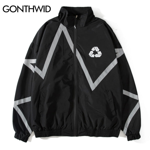 Hip Hop Zip Up Windbreaker Track Jacket Streetwear Reflective Stripe Zipper Waterproof Coat 2023 Mens Autumn Bomber Jacket Black