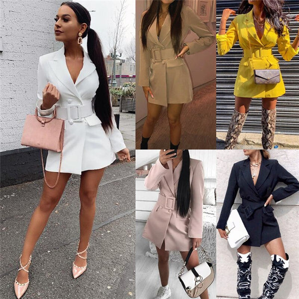 Hirigin Sexy Women Ol Slim Bodycon Lapel Blazers Double Breasted Belt Long Sleeve Deep V-neck Dress Coat Jacket Outwear Fall New