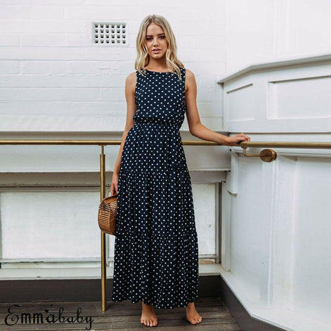 Hirigin Women Boho Casual Dot Maxi Dress Sundress Bohemian Style O-neck Sleeveless Loose Long Dresses Beach Wear