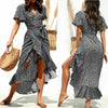 Hirigin Women Boho Short Sleeve Wrap Dress Ladies V-Neck Asymmetrical Ruffle Dresses Party Holiday Beach Dresses Plus Size XXL