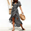 Hirigin Women Boho Short Sleeve Wrap Dress Ladies V-Neck Asymmetrical Ruffle Dresses Party Holiday Beach Dresses Plus Size XXL