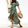 Hirigin Women Boho Short Sleeve Wrap Dress Ladies V-Neck Asymmetrical Ruffle Dresses Party Holiday Beach Dresses Plus Size XXL