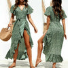 Hirigin Women Boho Short Sleeve Wrap Dress Ladies V-Neck Asymmetrical Ruffle Dresses Party Holiday Beach Dresses Plus Size XXL