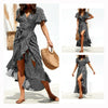 Hirigin Women Boho Short Sleeve Wrap Dress Ladies V-Neck Asymmetrical Ruffle Dresses Party Holiday Beach Dresses Plus Size XXL