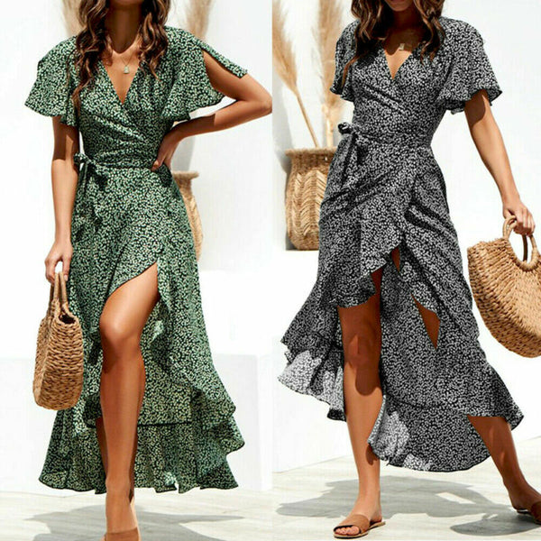 Hirigin Women Boho Short Sleeve Wrap Dress Ladies V-Neck Asymmetrical Ruffle Dresses Party Holiday Beach Dresses Plus Size XXL