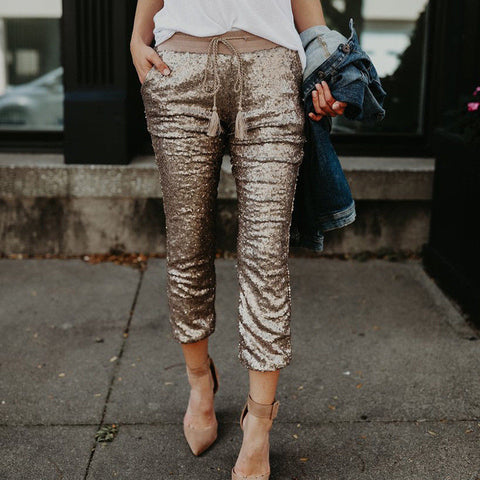 Hirigin Women Casual Sequin Glitter Skinny Pencil Pants High Waist Stretch Slim Pencil Trousers Joggers