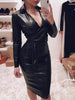 Hirigin Women Sexy Leather Bodycon V-Neck Dress Deep Long Sleeve Empire Black Skinny Bodycon Midi Dress Night Club Sex Wear