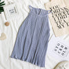 Hisuma Wanita Musim Panas O Leher Tanpa Lengan Halter Lipit Dasar Kemeja Elegan Wanita Bergaris Elastis Slim Sifon Pullover Blus Atasan