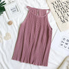 Hisuma Wanita Musim Panas O Leher Tanpa Lengan Halter Lipit Dasar Kemeja Elegan Wanita Bergaris Elastis Slim Sifon Pullover Blus Atasan