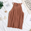 Hisuma Wanita Musim Panas O Leher Tanpa Lengan Halter Lipit Dasar Kemeja Elegan Wanita Bergaris Elastis Slim Sifon Pullover Blus Atasan