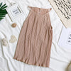 Hisuma Wanita Musim Panas O Leher Tanpa Lengan Halter Lipit Dasar Kemeja Elegan Wanita Bergaris Elastis Slim Sifon Pullover Blus Atasan
