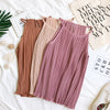 Hisuma Wanita Musim Panas O Leher Tanpa Lengan Halter Lipit Dasar Kemeja Elegan Wanita Bergaris Elastis Slim Sifon Pullover Blus Atasan