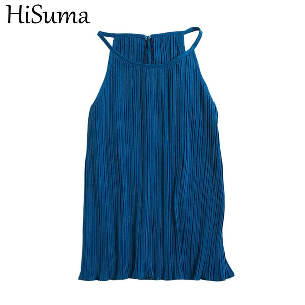 Hisuma Wanita Musim Panas O Leher Tanpa Lengan Halter Lipit Dasar Kemeja Elegan Wanita Bergaris Elastis Slim Sifon Pullover Blus Atasan