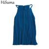 Hisuma Wanita Musim Panas O Leher Tanpa Lengan Halter Lipit Dasar Kemeja Elegan Wanita Bergaris Elastis Slim Sifon Pullover Blus Atasan