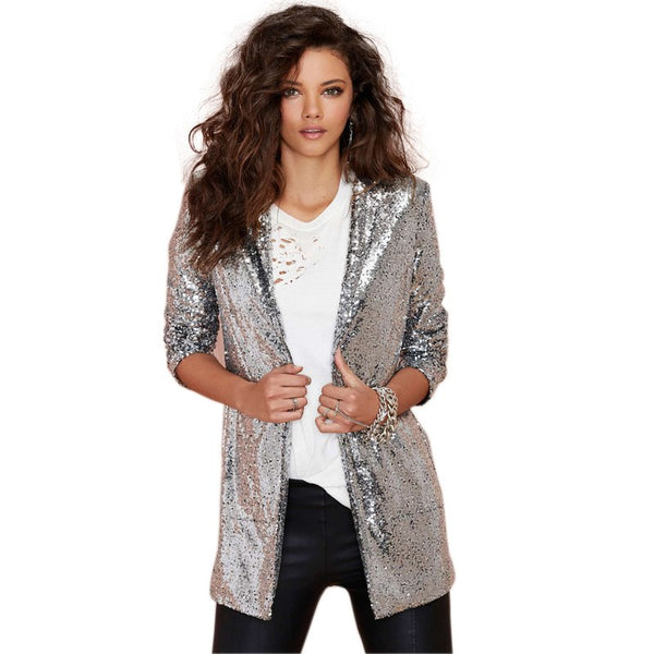 New Women Blazers Spring Blazer Pockets Casual Long Sleeve Silver Sequined Coats Street Turn-down Collar Cardigan Suits