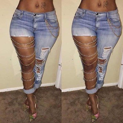 Hole Jeans Fashion Women Sexy Destroyed Ripped Distressed Chain Denim Pants Boyfriend Jeans