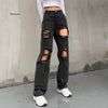 Hole Ripped Black Woman Distressed Jeans Casual Hip Hop High Waist Pants Pocket Straight Denim Trousers Ladies
